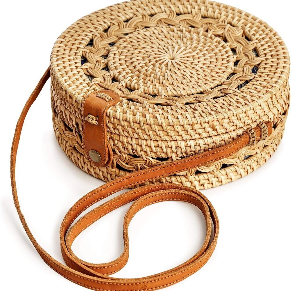 Round Rattan Bag for Women - Handmade Straw Bags - Wicker Purse - Brown White Ci - Picture 2 of 6
